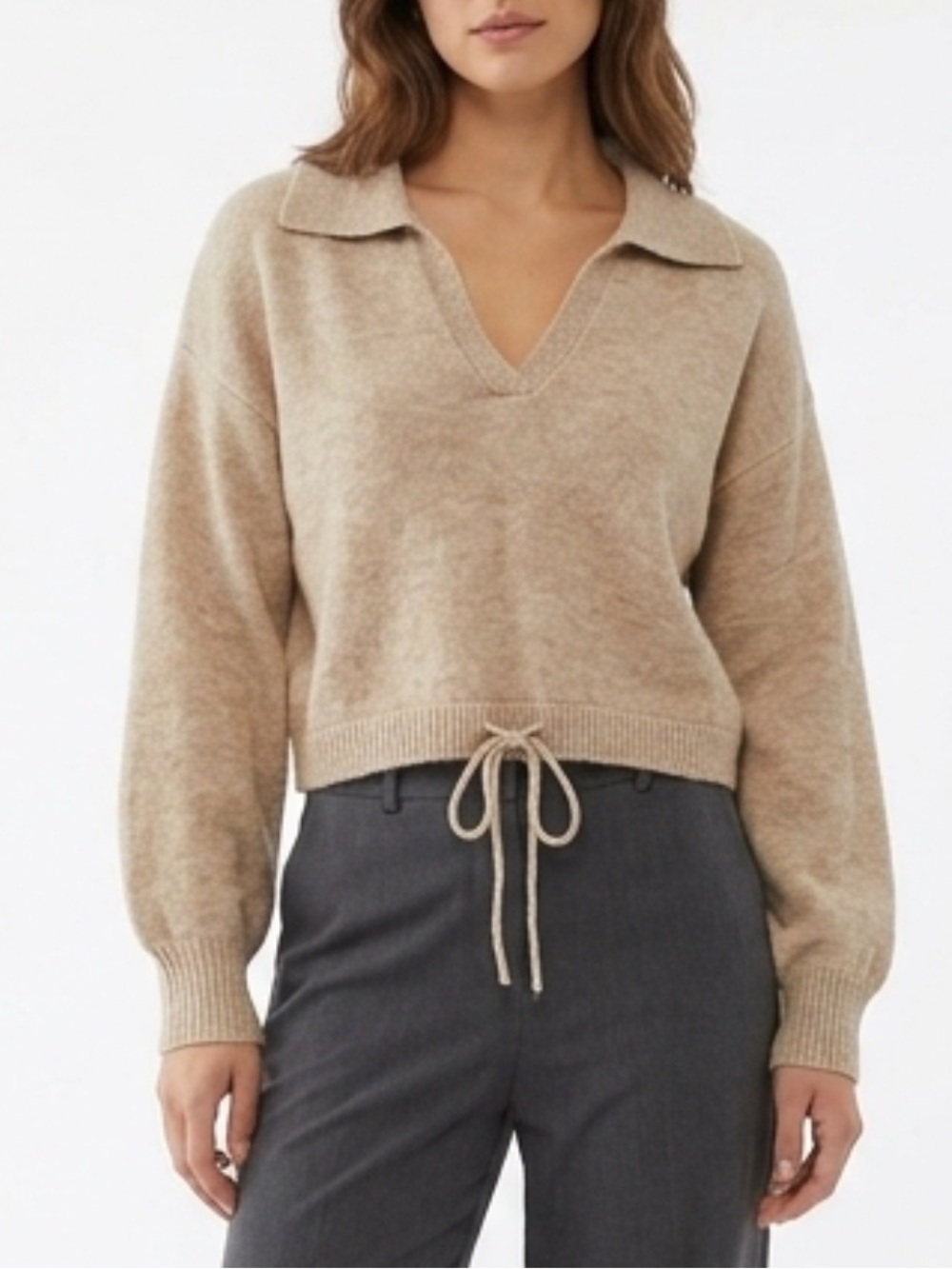 Dynamite size XS cropped V-Neck Drawstring Pullover Sweater - Beige